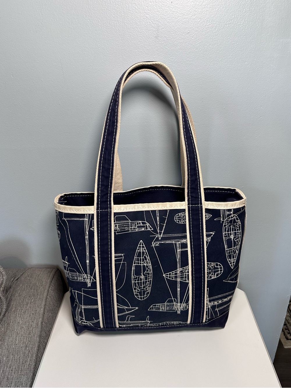 Vintage L L Bean Boat Tote Navy Canvas  Limited Sailboat Print 15”x10” RARE